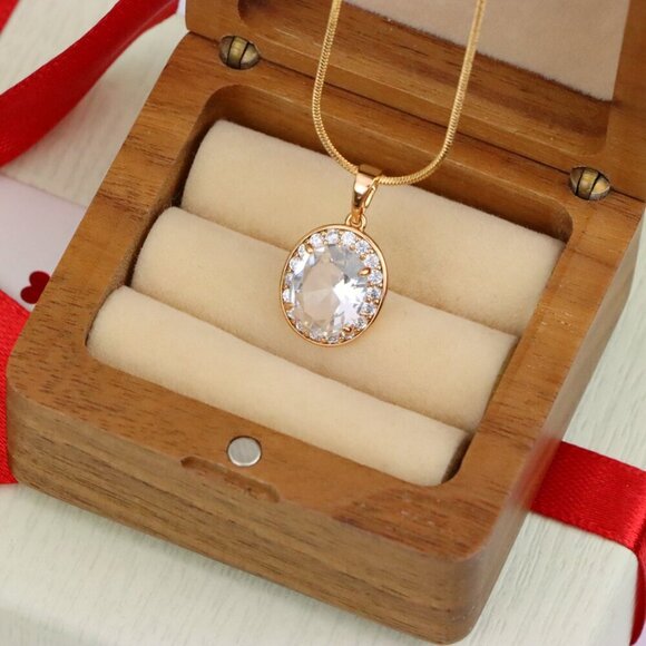 "Oval White Pendant with Crystal Halo in Elegant Rose Gold Plating, XPPT1621 - Picture 6 of 13